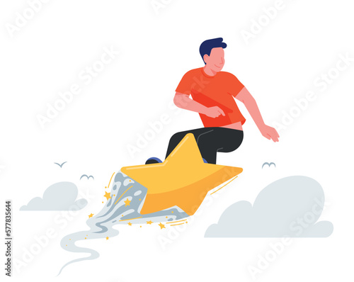 Young man surfing the sky on a star-shaped surfboard. Riding on a star vector illustration. Successful businessman flying in the clouds. (ID: 577835644)