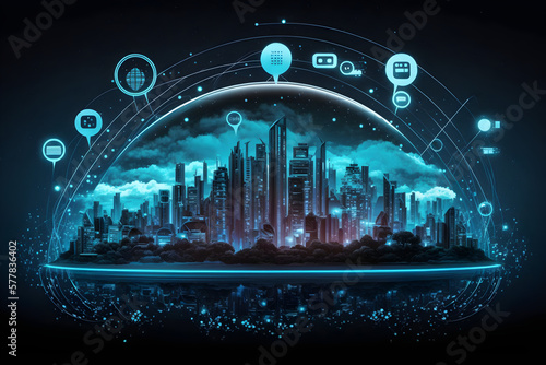 Smart city concept with digital hologram and glowing icons. Vector illustration. Generative AI.