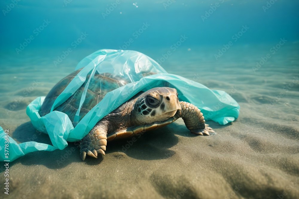 Turtle in the sea, with a plastic bag over her shell.