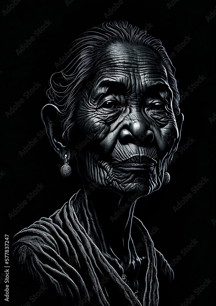 simple fine line scratchboard portrait of old Filipina woman, cross hatching, chalk, scratchboard. Ai generated