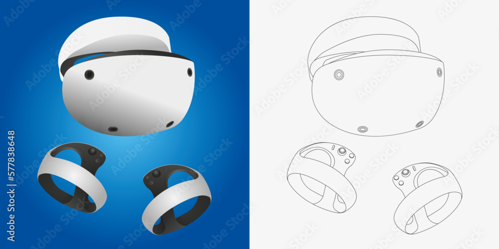 Virtual reality headset and controllers for gaming. VR helmet sketch. Virtual reality headset and controllers for gaming. VR helmet sketch.