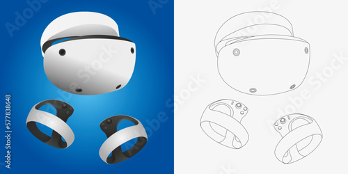 Virtual reality headset and controllers for gaming. VR helmet sketch.