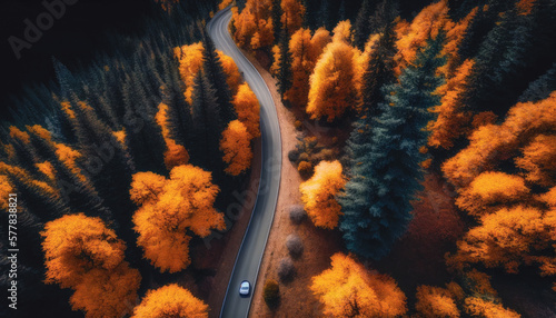 Aerial view of road in colorful forest at sunset in autumn. Top view from drone of mountain road in woods. Generative AI © Sirius1717