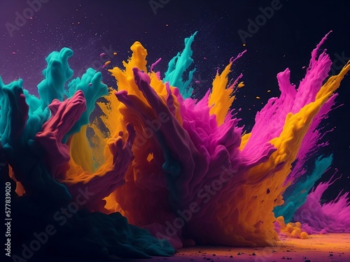 An explosion of colored powder on a dark background. The colored powder is the main star of the Holi festival, the traditional festival of Gulal. generative ai © AndErsoN