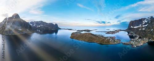 Aerial drone photography of Reine in Lofoten, Norway, during a cloudy spring day