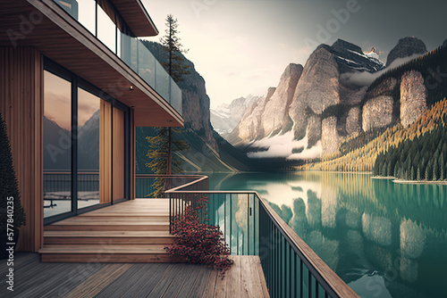 a luxury hotel in the mountains by a lake. Generative AI