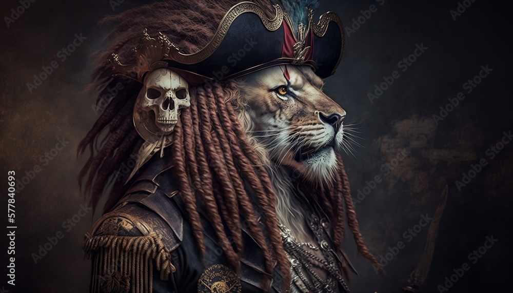 Fototapeta premium Lion dressed as a pirate, pirate lion. Animals with professions. Lion with professions. Generated by AI. 