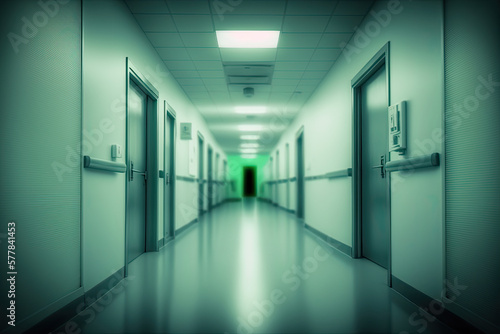a long corridor in a hospital with a blurred background. Generative AI