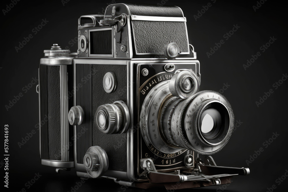 a very old retro camera on black background. Generative AI a very old retro camera on black background. Generative AI