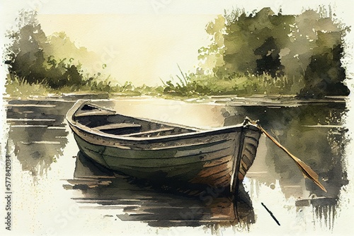 Fotografie, Obraz A rowboat on a river, watercolour style generative AI