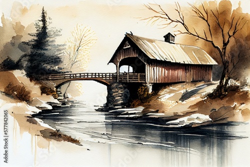 A river with a covered bridge, watercolour style generative AI photo