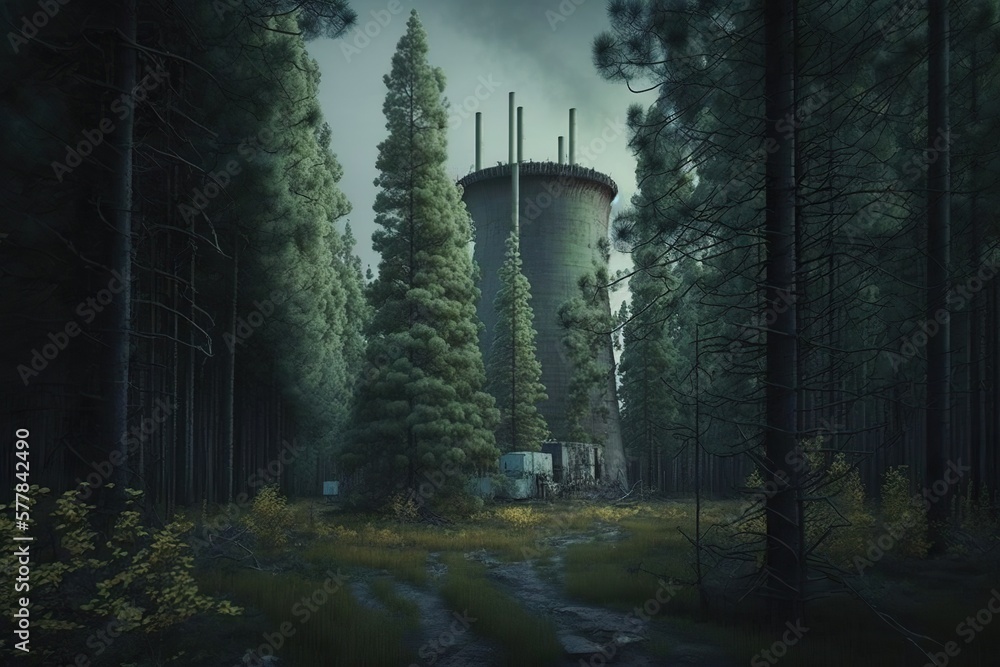 Fototapeta premium Forest near nuclear power plant, concept of Danger and Pollution, created with Generative AI technology