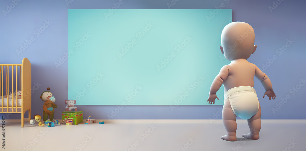 back of toddler baby standing on feet as wide poster design for