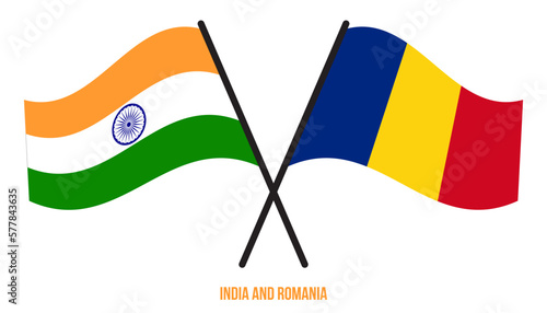 India and Romania Flags Crossed And Waving Flat Style. Official Proportion. Correct Colors.