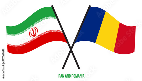 Iran and Romania Flags Crossed And Waving Flat Style. Official Proportion. Correct Colors.