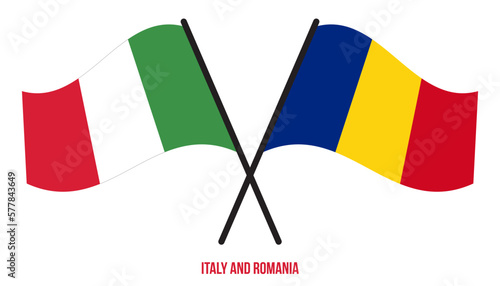 Italy and Romania Flags Crossed And Waving Flat Style. Official Proportion. Correct Colors.