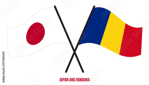 Japan and Romania Flags Crossed And Waving Flat Style. Official Proportion. Correct Colors.