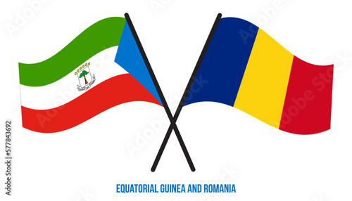 Equatorial Guinea and Romania Flags Crossed And Waving Flat Style. Official Proportion.
