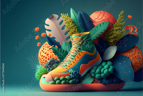 3d fitness illustration with footwears botanical elements, generative ai