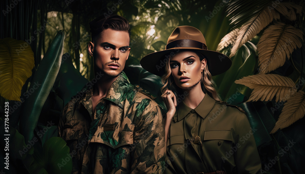portrait of young attractive fashion model couple wearing jungle inspired clothing generative AI