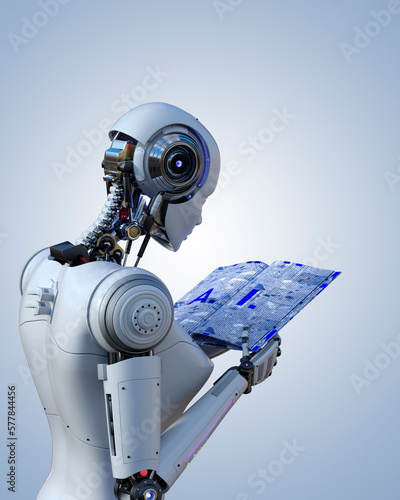 A female robot reading a book about artificial intelligence. Blue background.