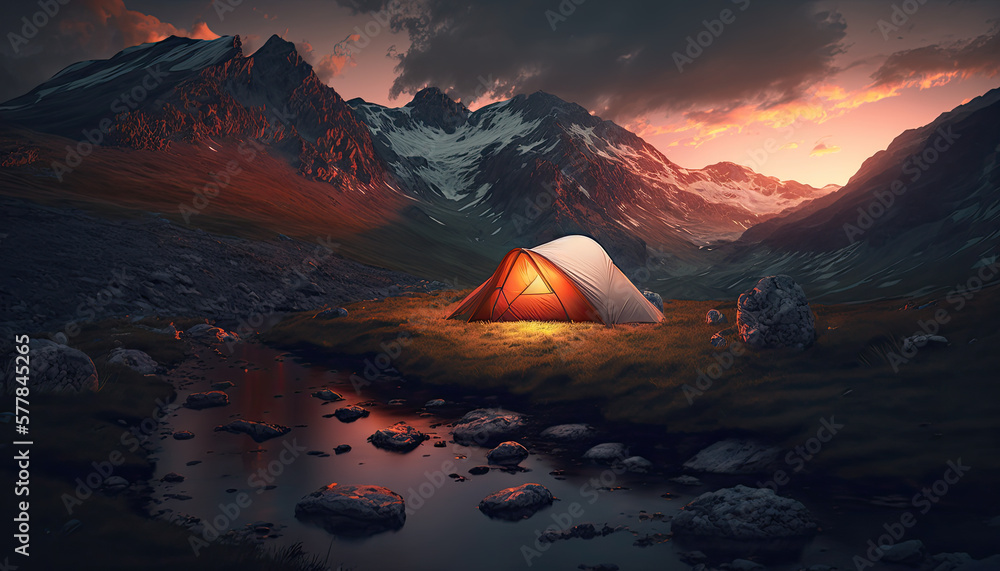 tent in the mountains near a creek at night generative AI