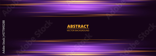 Dark violet wide abstract background with purple and yellow glowing motion neon light effect. Vector illustration © Biod