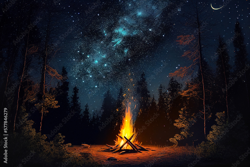 Campfire in the Woods Among the Stars - Generative AI. Campfire in the Woods Among the Stars - Generative AI.