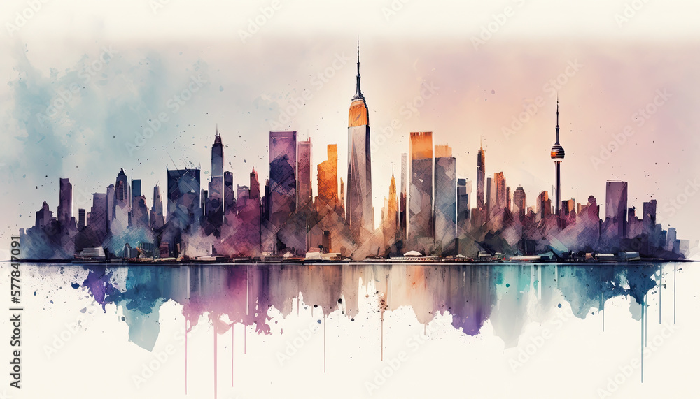 watercolor skyline cityscape painting generative AI