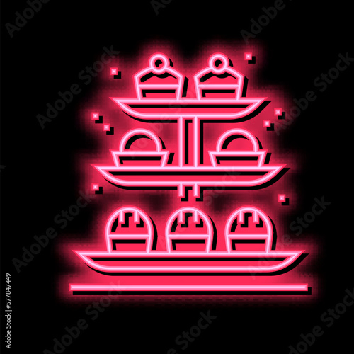 desserts on tray neon glow icon illustration