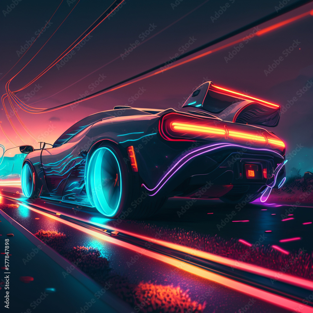 racing car with motion blur futuristic neon lights