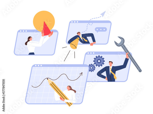 Business people use tools in working on an Internet project