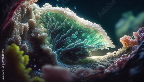 beautiful crystals of the seabed in macro texture, corals with underwater plants and organisms. Created using AI.