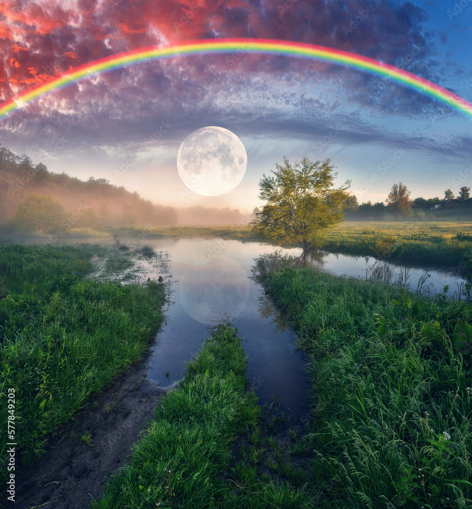 Landscape with a Rainbow on the River in Spring. colorful morning. nature of Ukraine