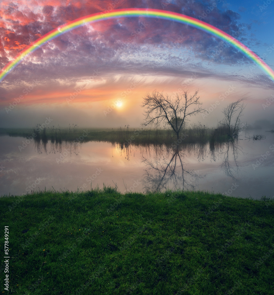 Naklejka premium Landscape with a Rainbow on the River in Spring. colorful morning. nature of Ukraine