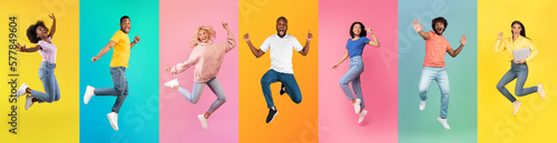 Diverse positive young men and women jumping in air over colorful backgrounds