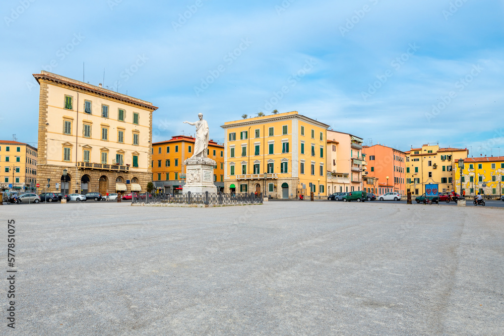 The spacious Piazza della Repubblica town square in the Tuscan coastal port town of Livorno, Italy, with the monument statue of Grand Duke Ferdinand III in view.