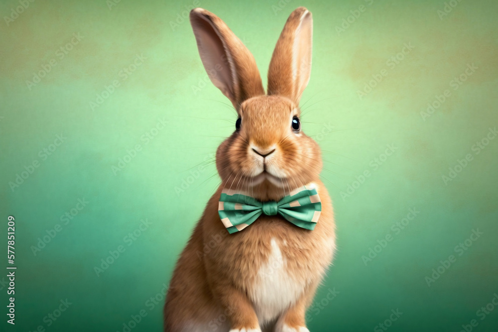 Fototapeta premium Easter Bunny With Bow Tie, Rabbit With Bow Tie, Rabbit Applying For The Easter Job, Cute Surprised Bunny, Green Background, Easter Holiday, Generative Ai