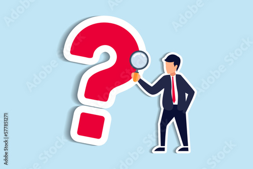 Problem and root cause analysis, research and leadership skill to find solution or answer for business problem concept, smart businessman analyst using magnifying glass to analyze question mark sign. 