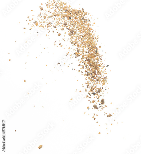 Big size Sand flying explosion, Golden grain wave explode. Abstract cloud fly. Yellow colored sand splash throwing in Air. White background Isolated high speed shutter, throwing freeze stop motion