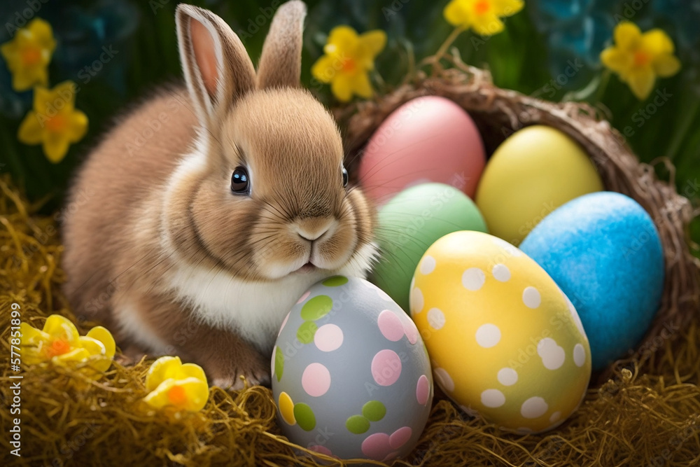 Cute Easter Bunny With Easter Eggs, Easter Holiday, Generative Ai