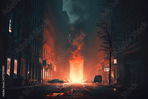 a nighttime shot of a deserted city street, with the glow of flames visible in the distance, created with generative ai photo