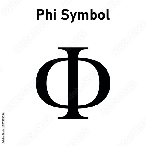 Black phi symbol icon with name. greek alphabet letter.