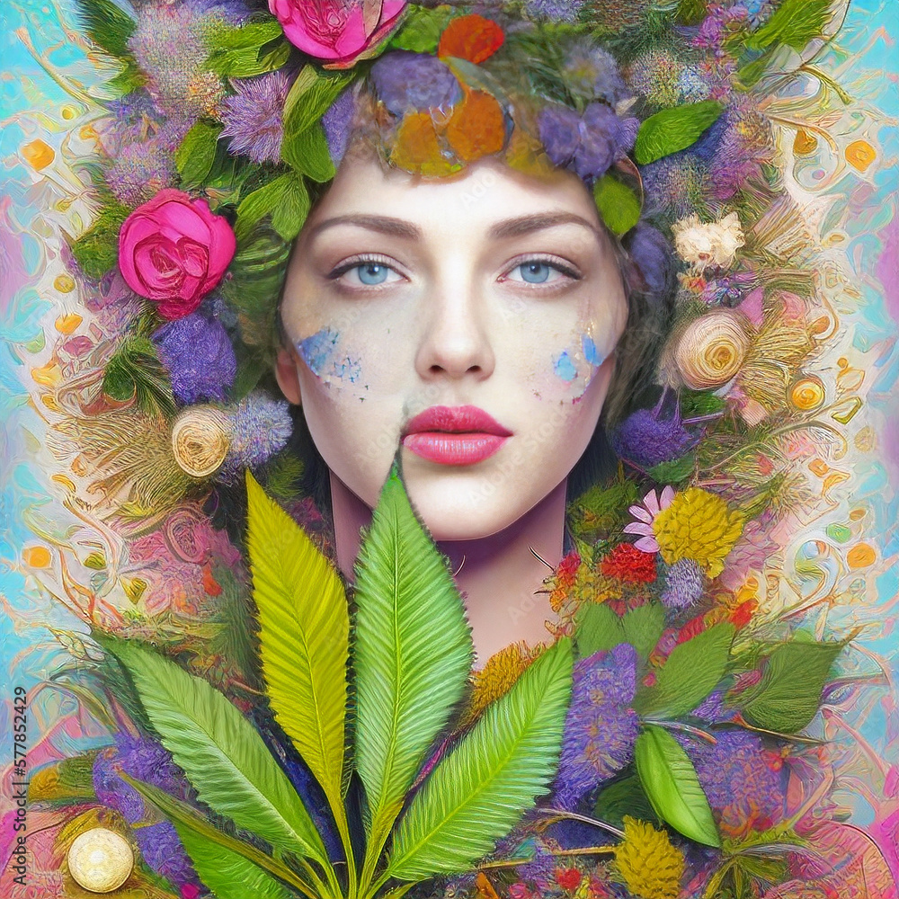 woman with colorful floral backdrop