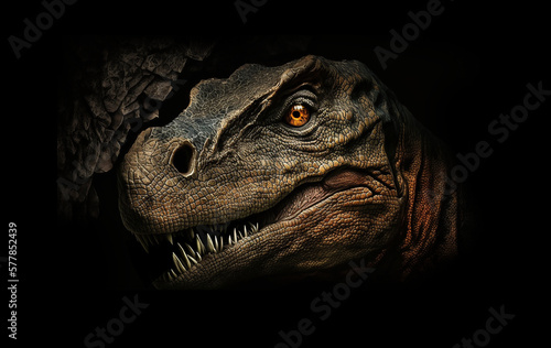 Close up on a The head of dinosaur in the dark background. High quality photo