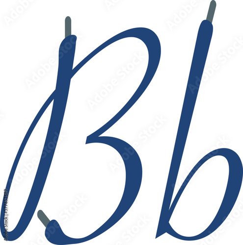 B letter. Blue Sport alphabet formed by shoe lace. Vector handwritten script font can be used for workout labels, race headlines, fitness posters, delivery cards. Alphabet fonts set.