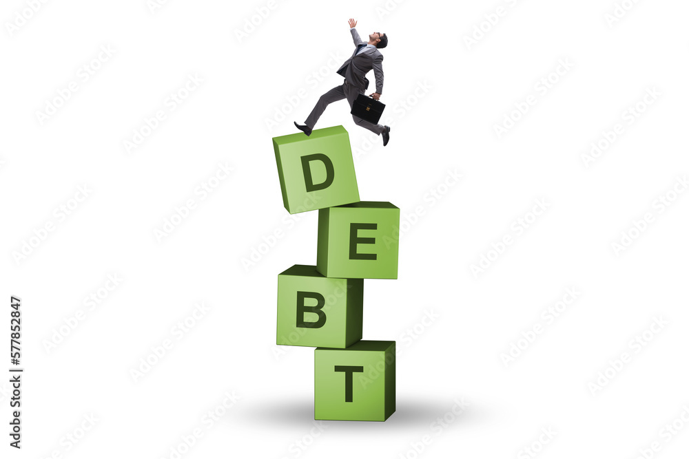 Debt and loan concept with businessman on cubes Debt and loan concept with businessman on cubes