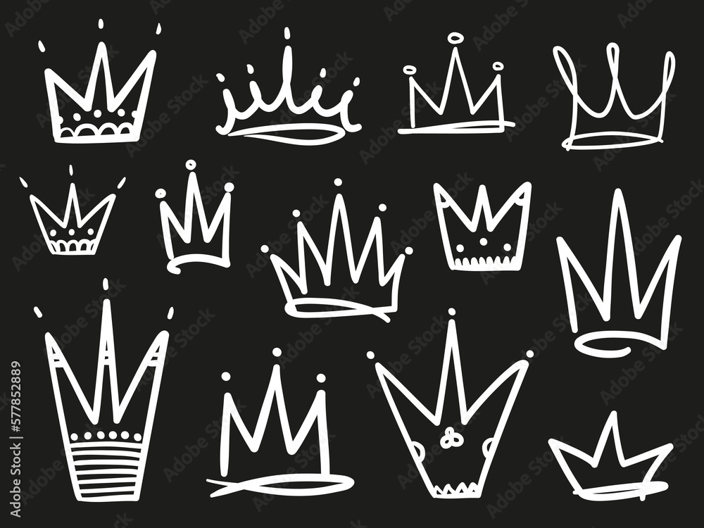 Collection of crowns on black. Hand drawn simple objects. Line art. Black and white illustration. Elements for design Collection of crowns on black. Hand drawn simple objects. Line art. Black and white illustration. Elements for design