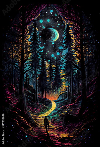 Fényképezés man walking forest night grey cosmic color scheme wanderers traveling afar print