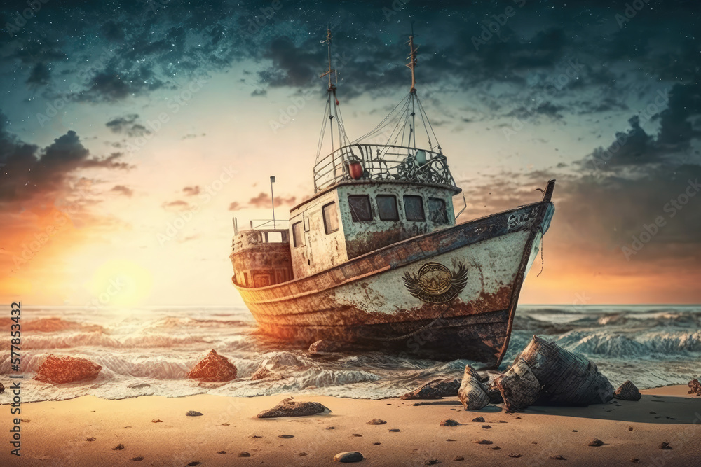 illustration of an old vintage fishing boat on the beach with a
